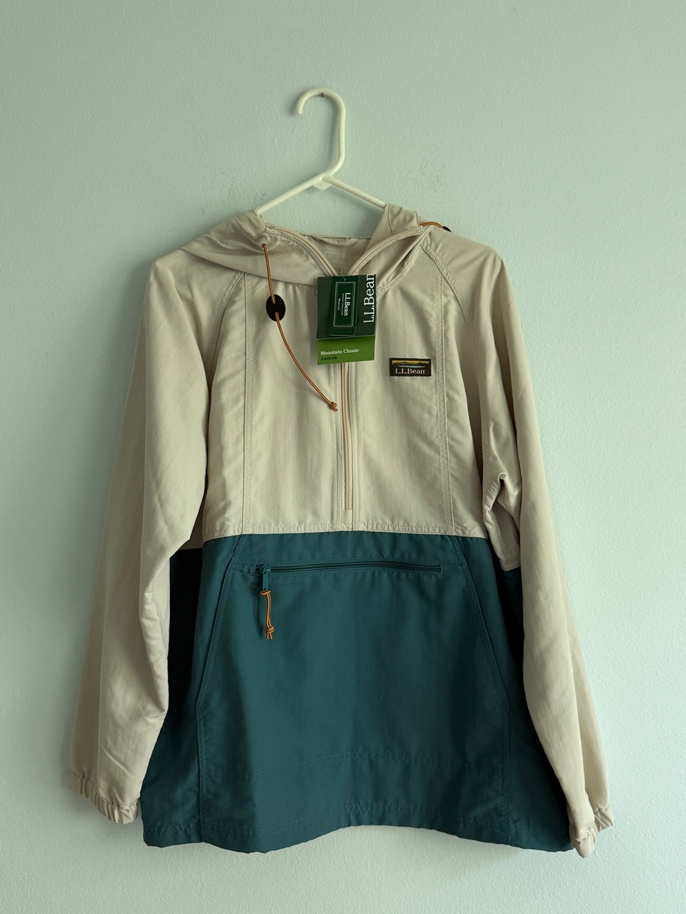 L.L. Bean Cream and Teal Hooded Pullover Anorak